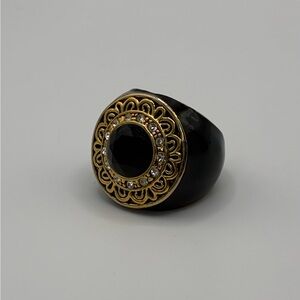 Lia Sophia Kiam Family Black & Gold Statement Ring w/Crystal Accents Size 7